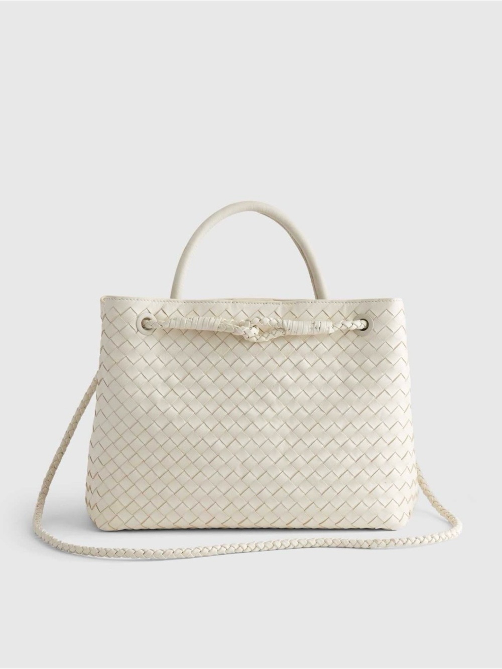 Quince Romy hand Woven Leather Top-Handle Tote in bone